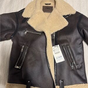 Zara NWT Dark Brown Shearling Jacket